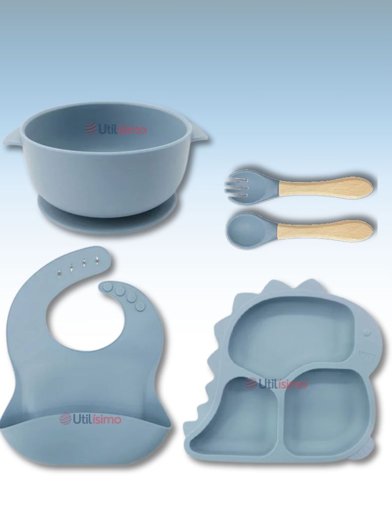 Set De Alimentacion Bebe Silicona 5 Piezas Dinosaurio Libre BPA Celeste