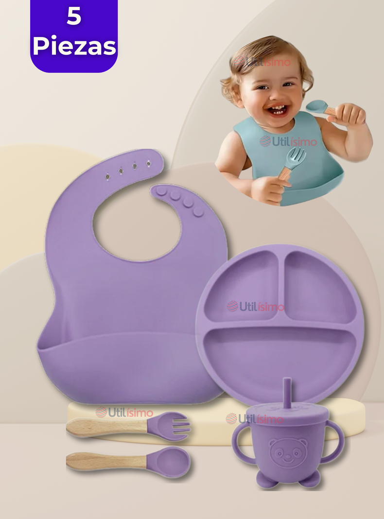 Set De Alimentación Bebé Silicona Con Vaso 5 Piezas Libre BPA Lila-0