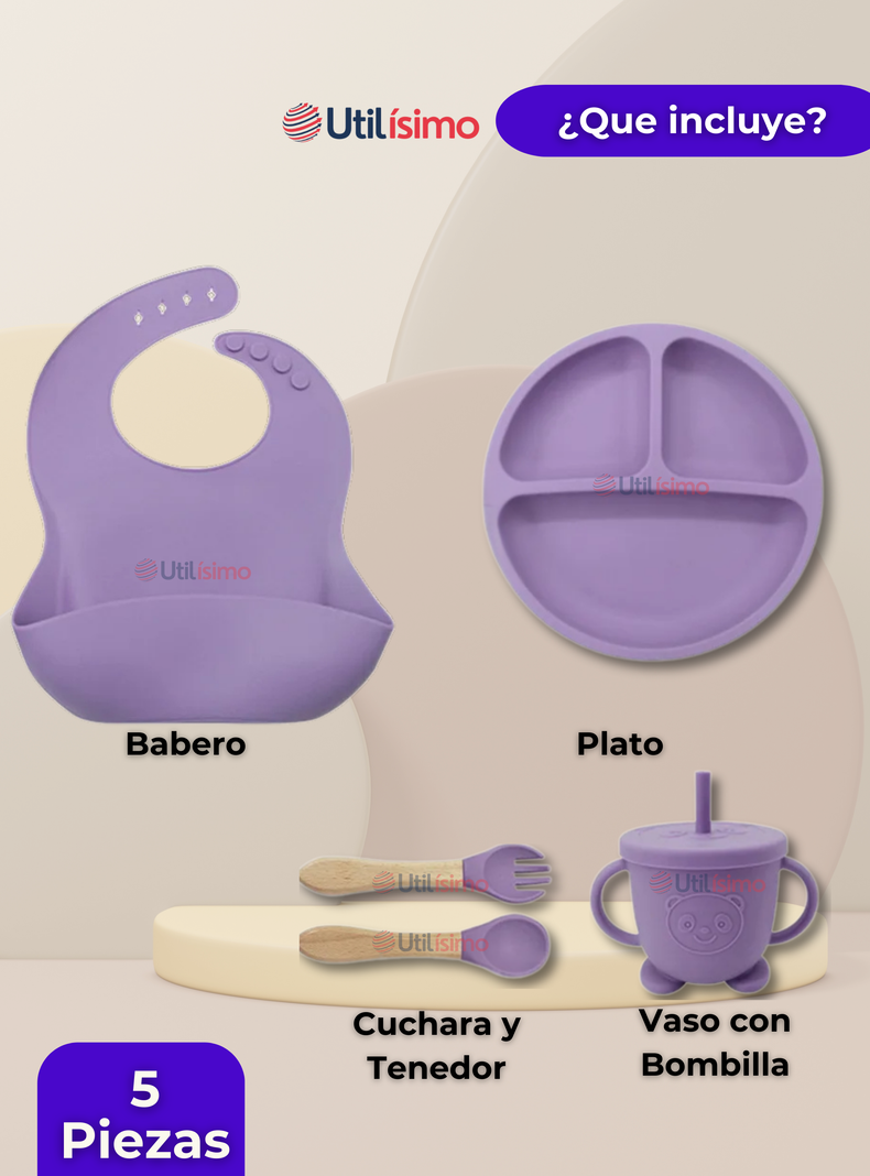 Set De Alimentación Bebé Silicona Con Vaso 5 Piezas Libre BPA Lila-5