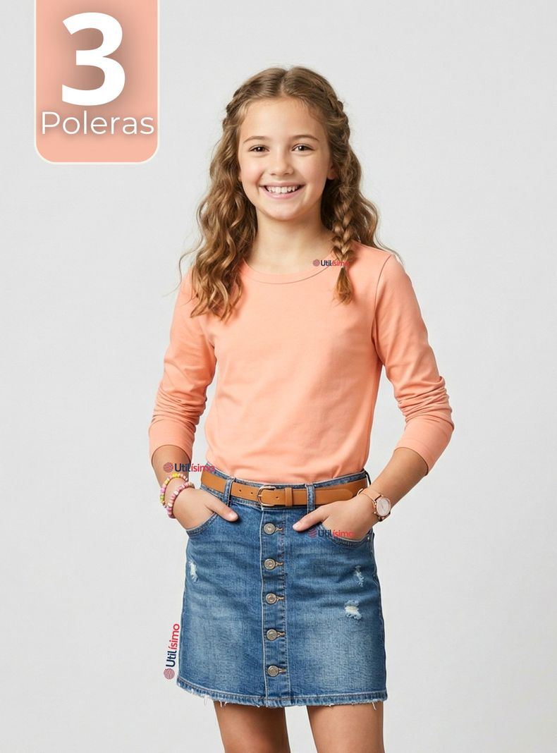Pack 3 Camisetas Poleras Bambu Cuello Redondo Salmon Primera Capa Mangas Largas para Ninas