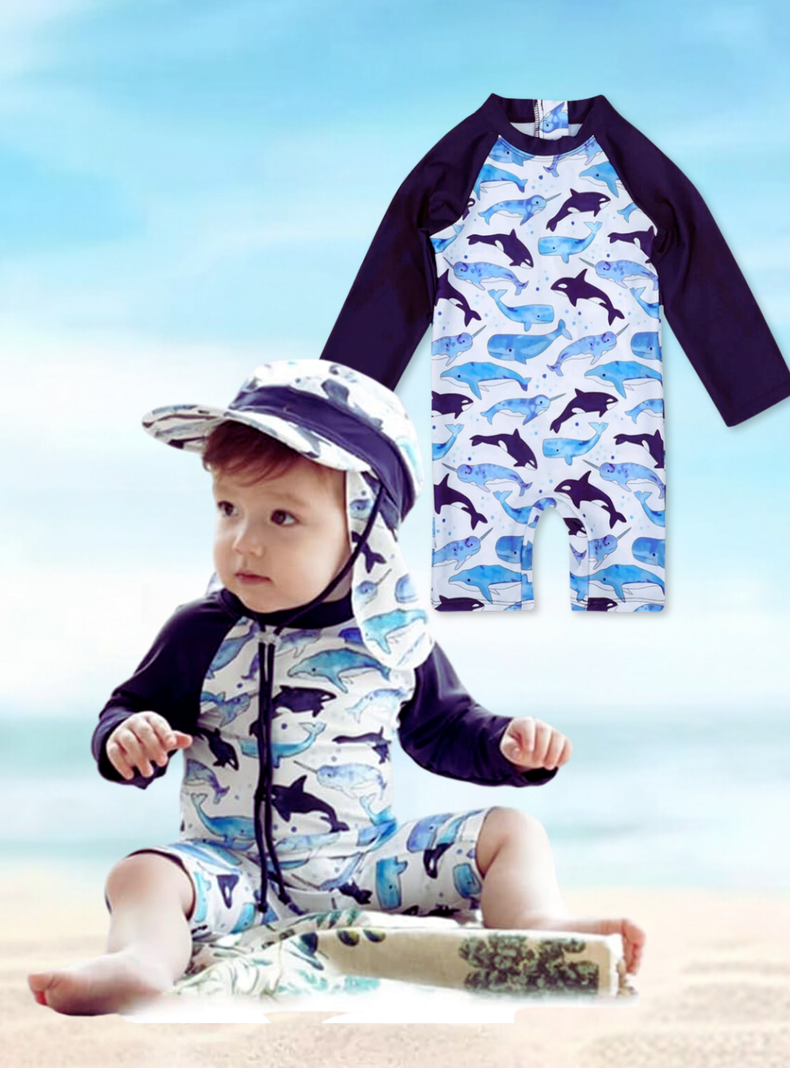Traje De Baño Enterito Manga Larga Niño Jump Kids Ballena Azul -1