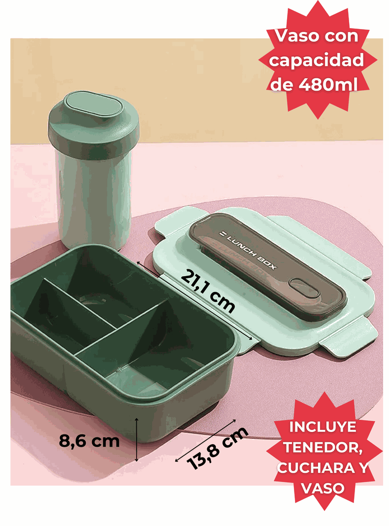 Fiambrera Contenedor 1200 Ml Lunch Box Táper Hermético + Vaso Plástico Green-1