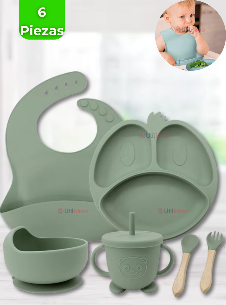 Set De Alimentación Bebé Silicona De Formas 6 Piezas Libre BPA Verde-0