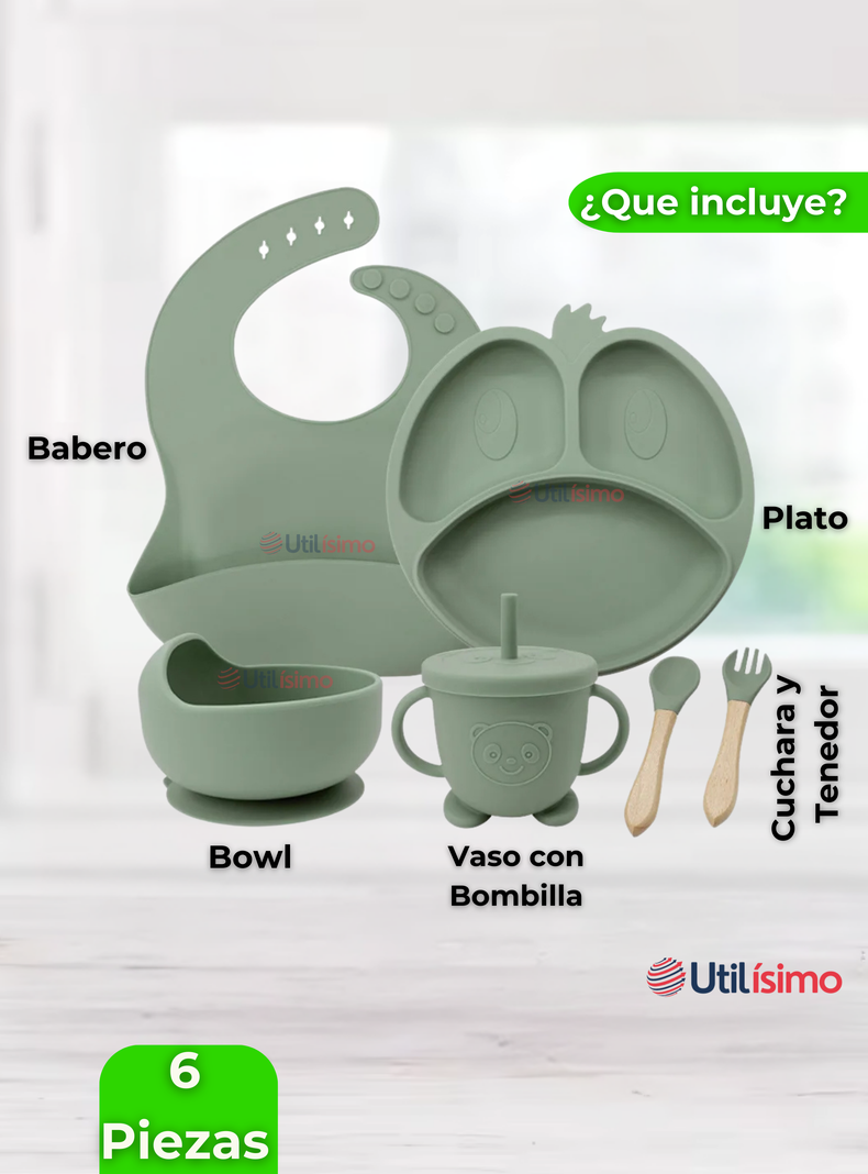 Set De Alimentación Bebé Silicona De Formas 6 Piezas Libre BPA Verde-5