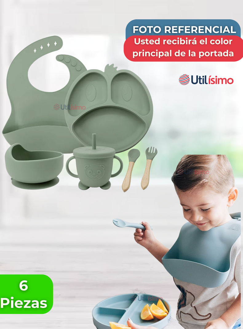 Set De Alimentación Bebé Silicona De Formas 6 Piezas Libre BPA Verde-6