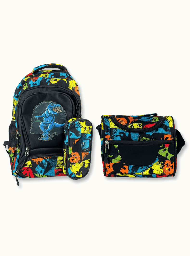 Mochila Con Lonchera Y Estuche 45cm Escolar Niño Yellow Dinosaur-0