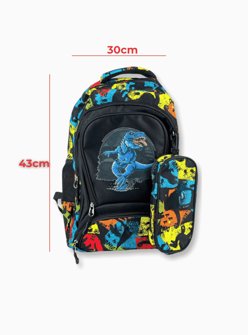Mochila Con Lonchera Y Estuche 45cm Escolar Niño Yellow Dinosaur-1
