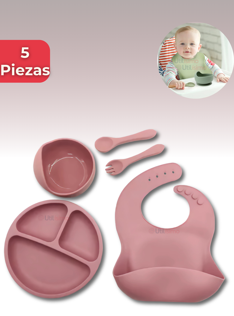 Set De Alimentación Bebé Silicona 5 Piezas Libre BPA Rosa Oscuro-0