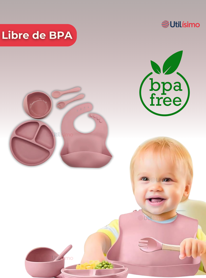 Set De Alimentación Bebé Silicona 5 Piezas Libre BPA Rosa Oscuro-2