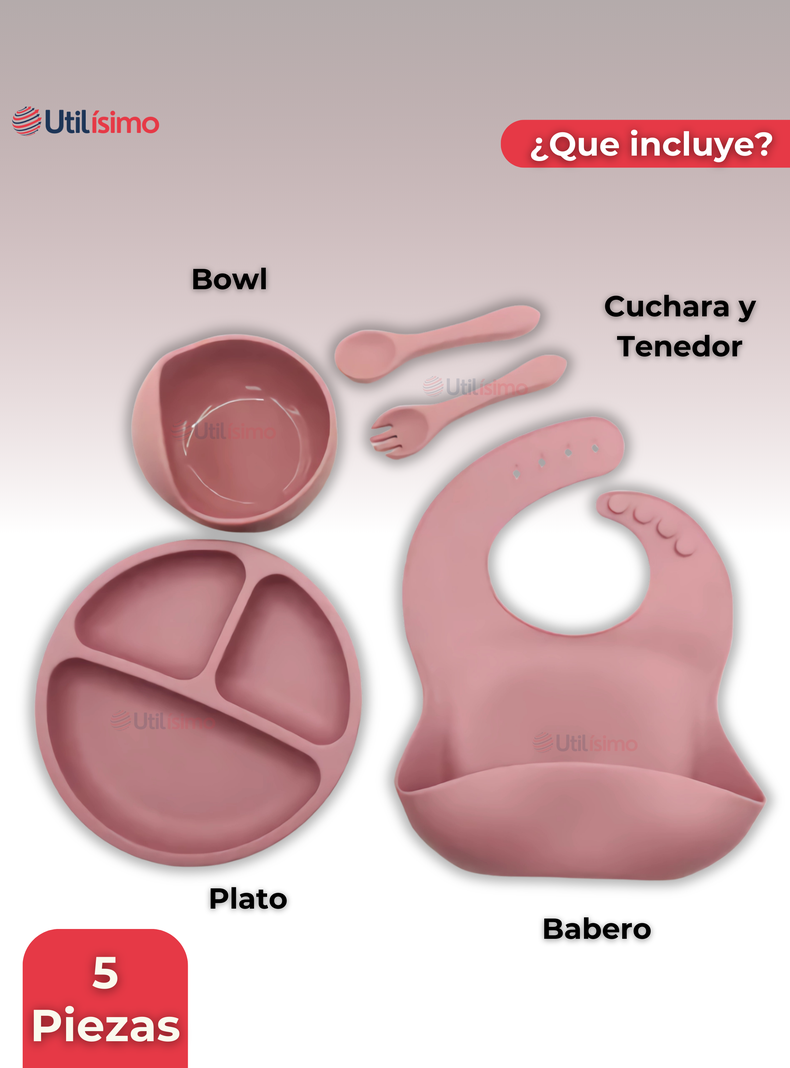 Set De Alimentación Bebé Silicona 5 Piezas Libre BPA Rosa Oscuro-4