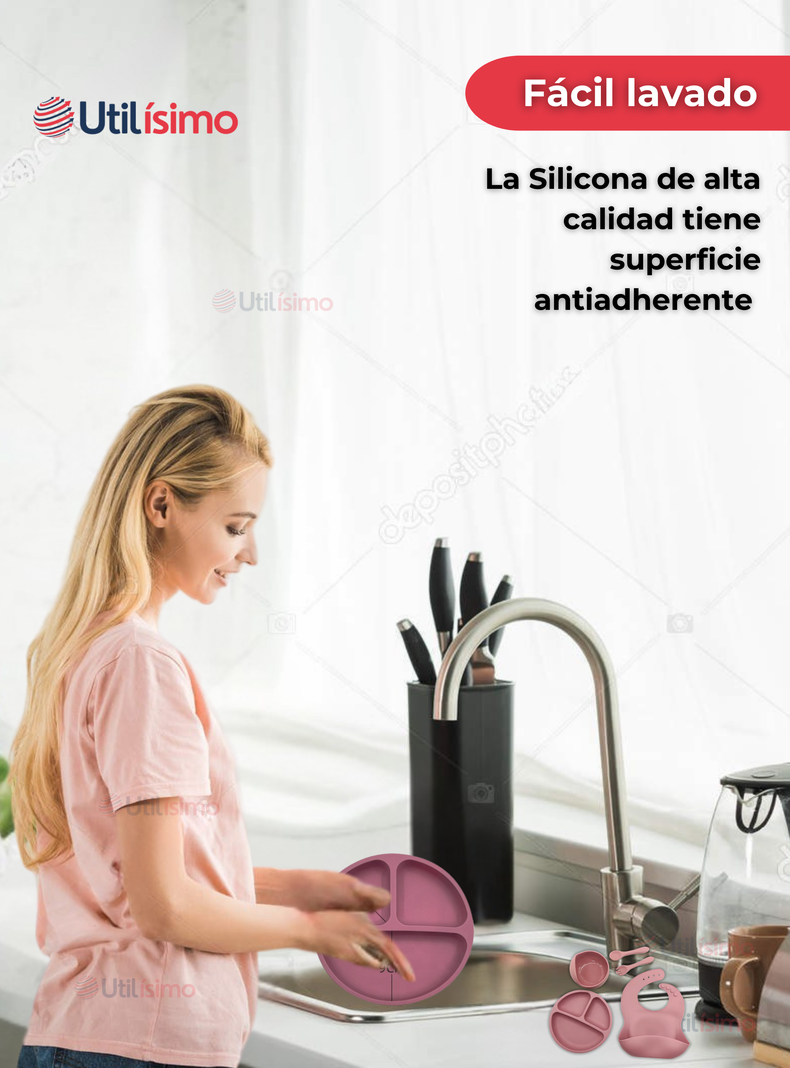 Set De Alimentación Bebé Silicona 5 Piezas Libre BPA Rosa Oscuro-7