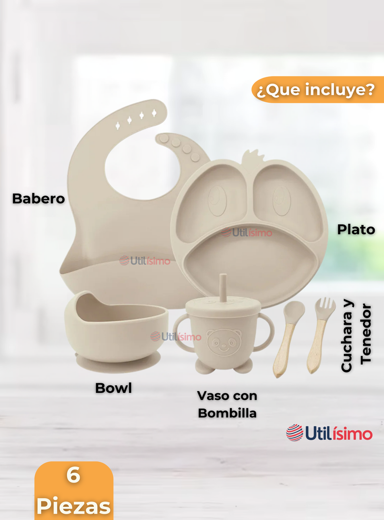 Set De Alimentación Bebé Silicona De Formas 6 Piezas Libre BPA Beige-5