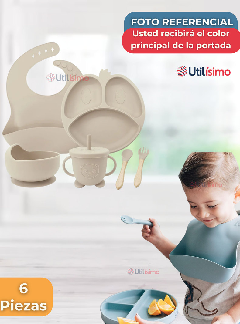 Set De Alimentación Bebé Silicona De Formas 6 Piezas Libre BPA Beige-6