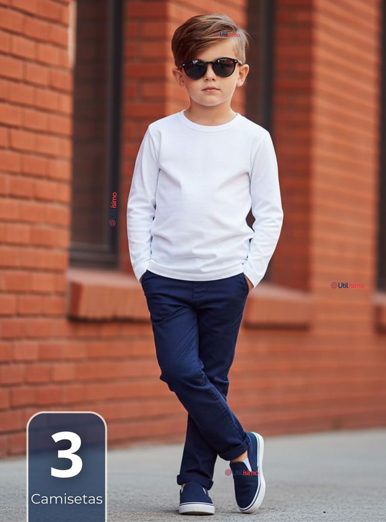 Pack 3 Camisetas Algodon Manga Larga Polera Primera Capa Blanco Nino 5-6 anos