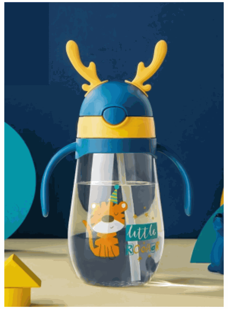 Botella Plástica 480 ML Con Bombilla Y Orejitas Kawai Sin BPA Niños Tiger-0
