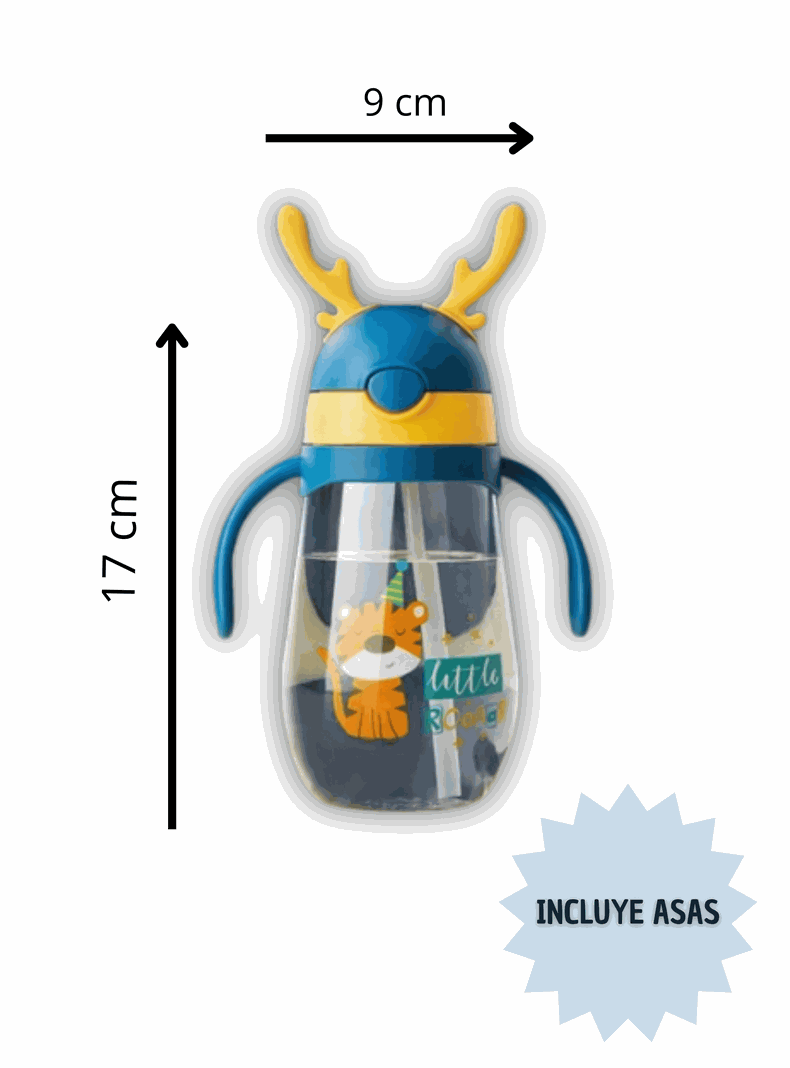 Botella Plástica 480 ML Con Bombilla Y Orejitas Kawai Sin BPA Niños Tiger-1