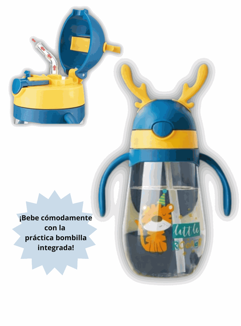 Botella Plástica 480 ML Con Bombilla Y Orejitas Kawai Sin BPA Niños Tiger-2