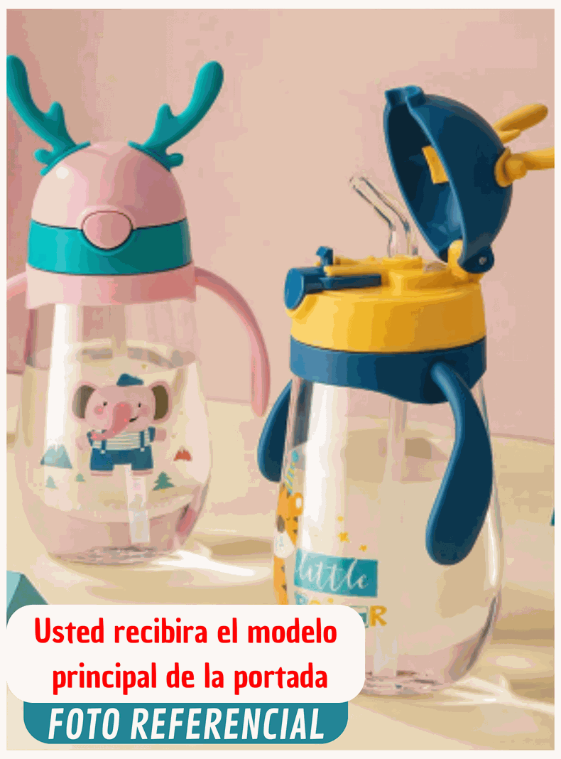 Botella Plástica 480 ML Con Bombilla Y Orejitas Kawai Sin BPA Niños Tiger-4