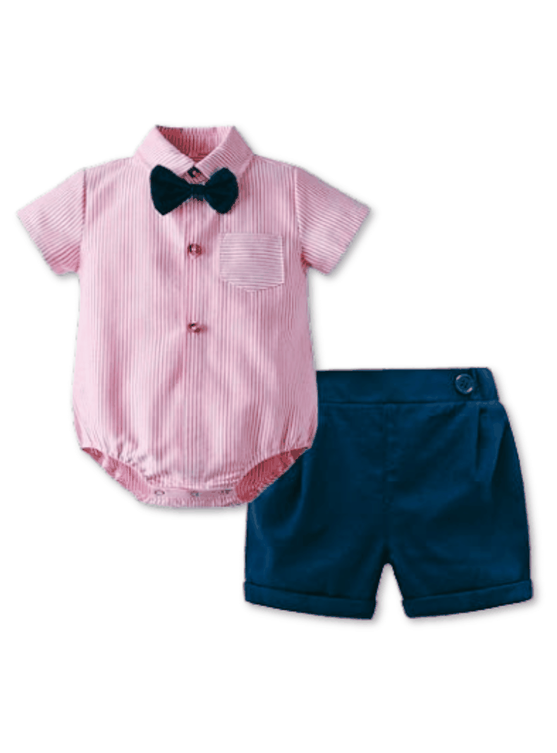 Conjunto de Vestir Niño Body Estilo Camisa y Pantalón Corto 6 a 24 Meses Rayas Rosa-0