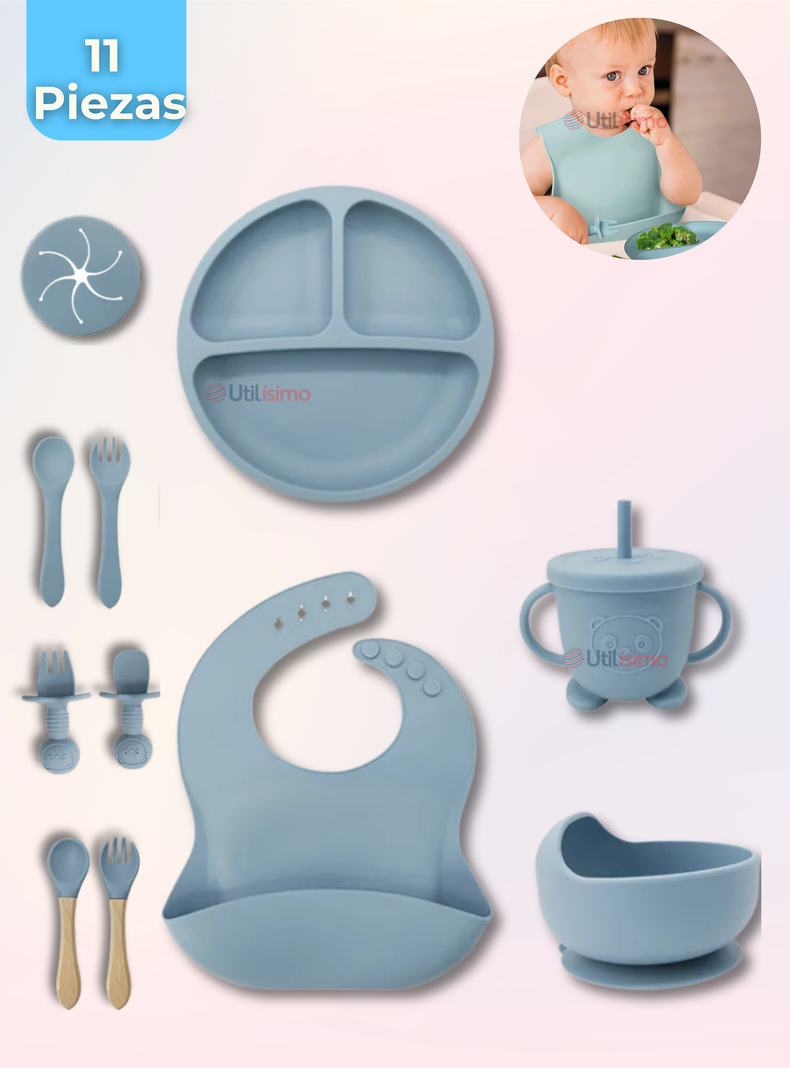 Set De Alimentación Bebé Silicona Con Vaso 11 Piezas Libre BPA Celeste-0
