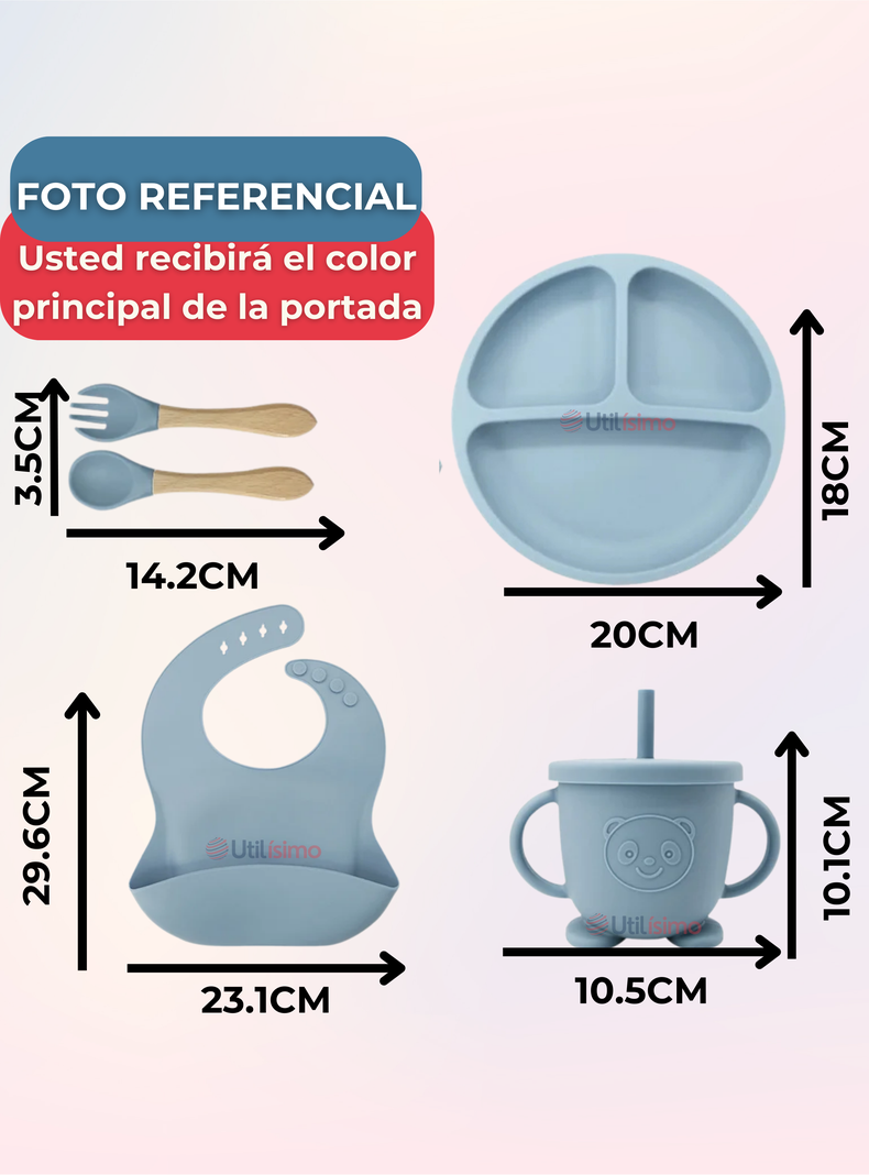 Set De Alimentación Bebé Silicona Con Vaso 11 Piezas Libre BPA Celeste-1