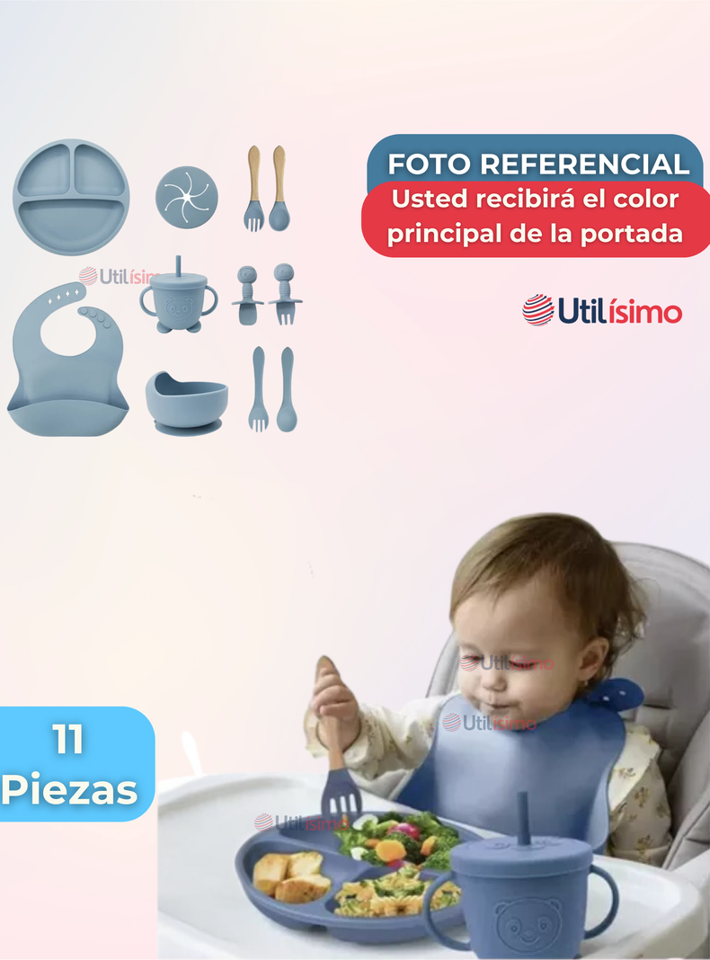 Set De Alimentación Bebé Silicona Con Vaso 11 Piezas Libre BPA Celeste-5