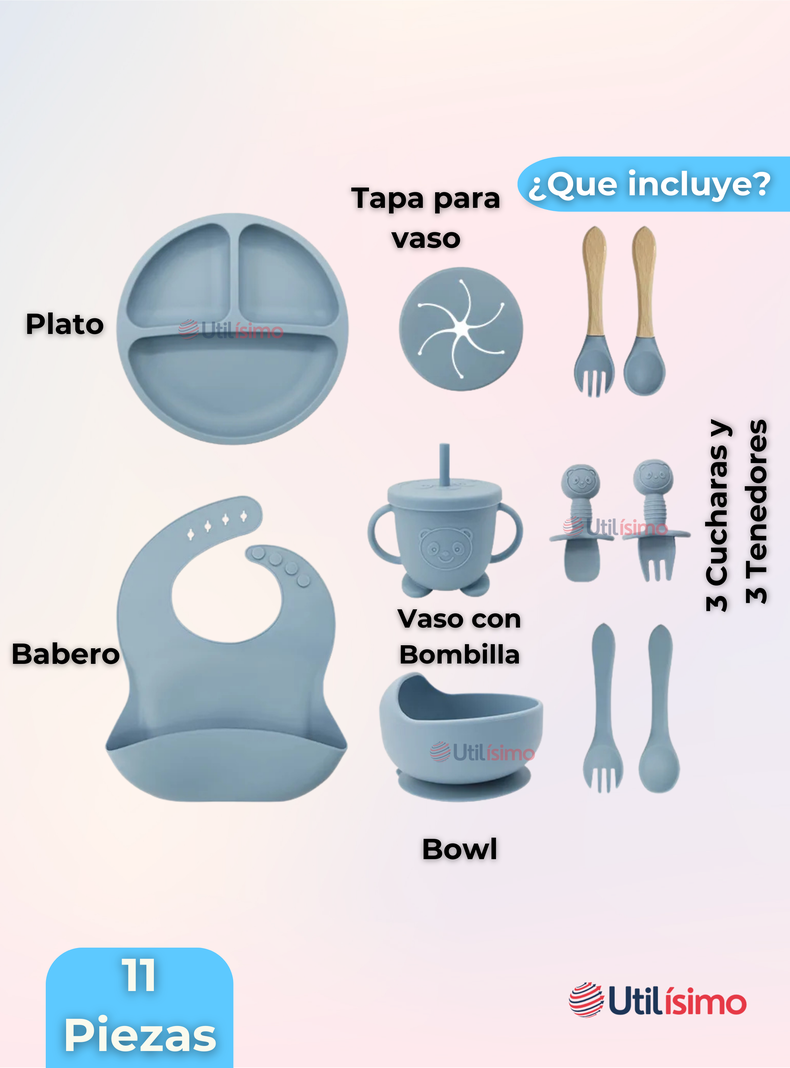 Set De Alimentación Bebé Silicona Con Vaso 11 Piezas Libre BPA Celeste-6
