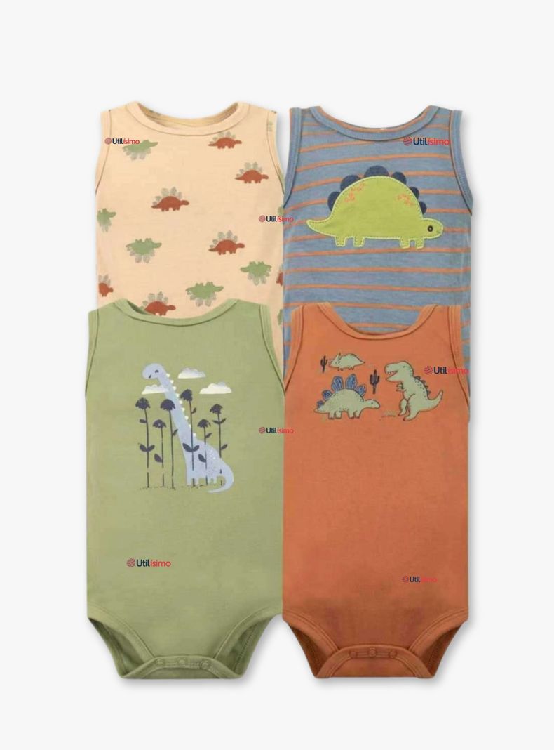 Pack 4 Bodys Ninos Sin Manga Tedmimak 100% Algodon Baby Dino Surtido 3 A 6 Meses