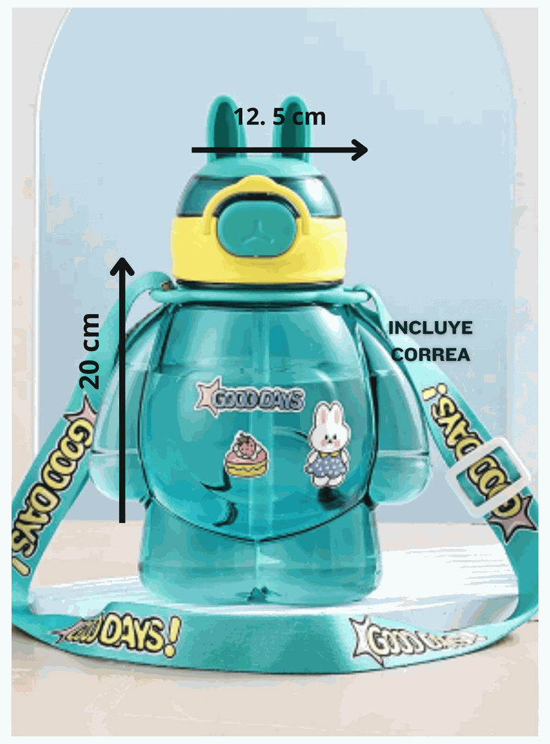 Botella Plástica 650ML Con Correa Y Orejitas Estilo Kawai Sin BPA Niños Turquoise-1