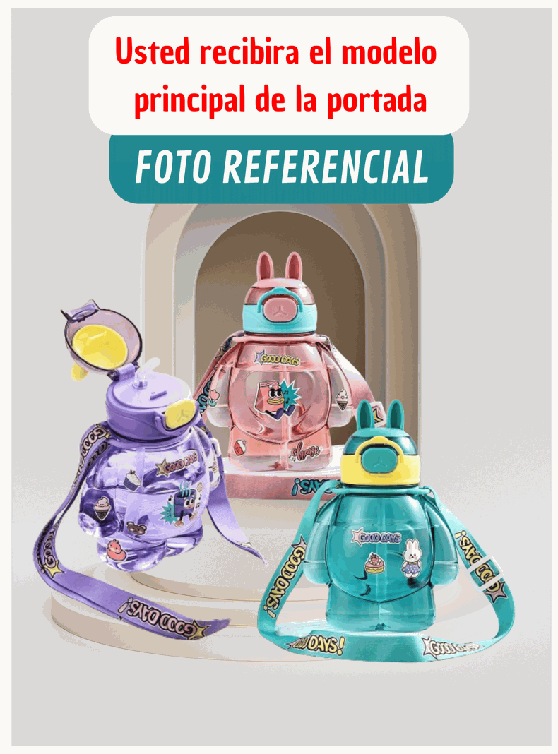 Botella Plástica 650ML Con Correa Y Orejitas Estilo Kawai Sin BPA Niños Turquoise-3