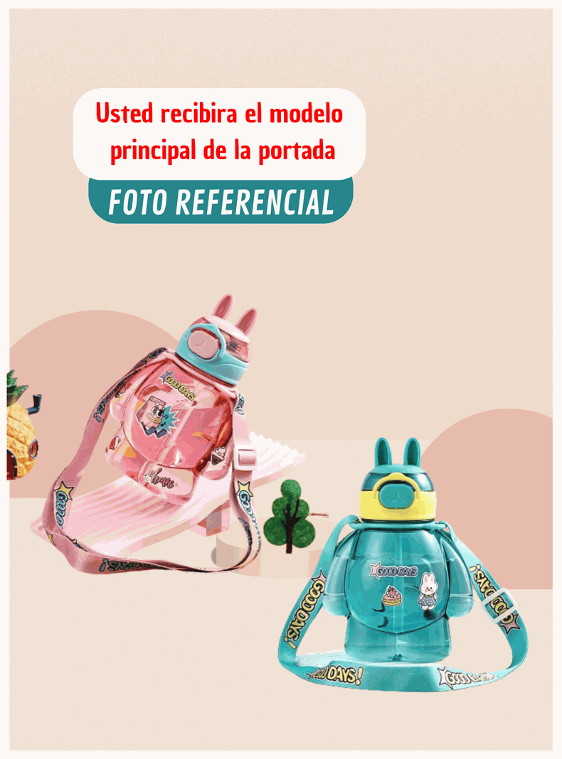 Botella Plástica 650ML Con Correa Y Orejitas Estilo Kawai Sin BPA Niños Turquoise-4