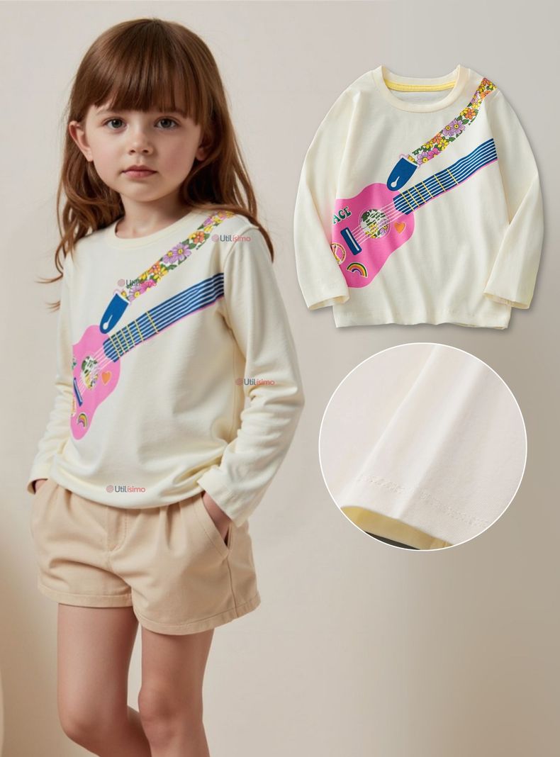 Polera Algodon Manga Larga Ninas Camiseta Guitarra Blanco