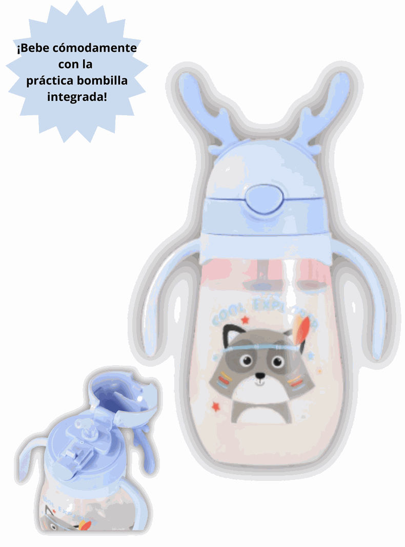 Botella Plástica 480 ML Con Bombilla Y Orejitas Kawai Sin BPA Niños Fox-2