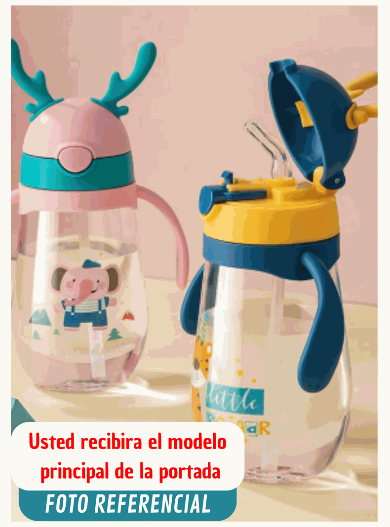 Botella Plástica 480 ML Con Bombilla Y Orejitas Kawai Sin BPA Niños Fox-3