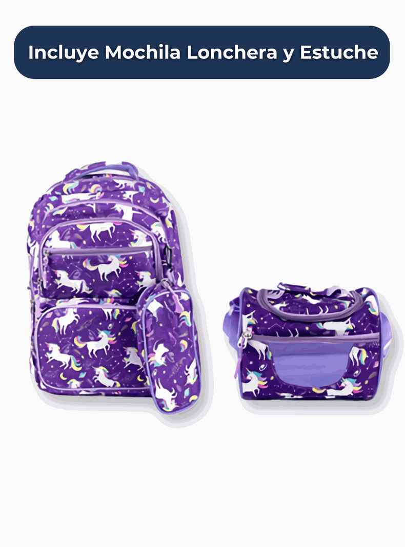  Mochila Con Lonchera Y Estuche 45CM Diseños Variados Niña Unicorns-2