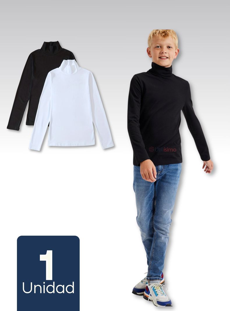 Camiseta Polera Beatle Algodón Niño Primera Capa Cuello Alto Blanco Negro-0