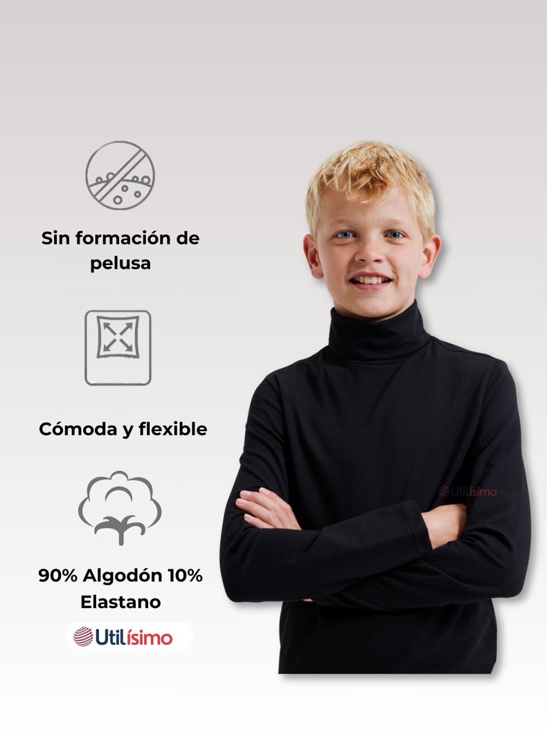 Camiseta Polera Beatle Algodón Niño Primera Capa Cuello Alto Blanco Negro-3
