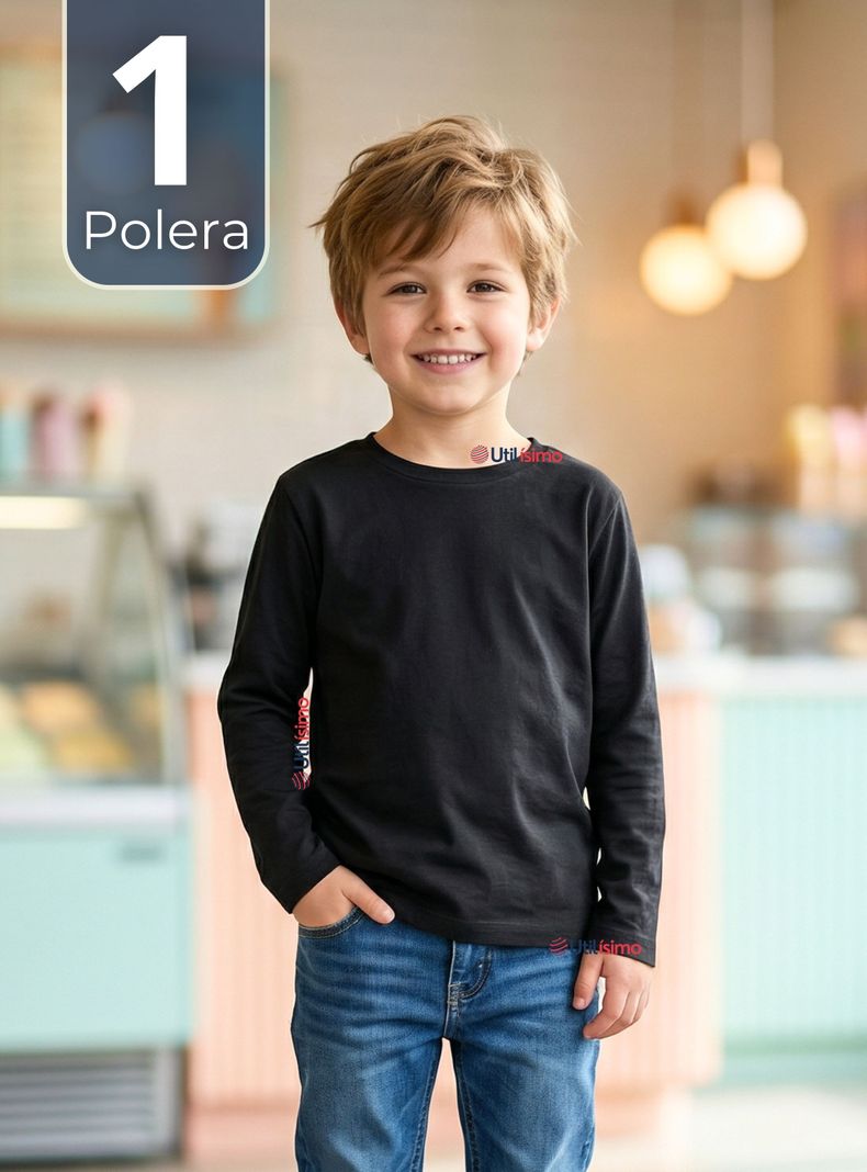 Polera Camiseta Bambú Negra Cuello Redondo Primera Capa Manga Larga Niño