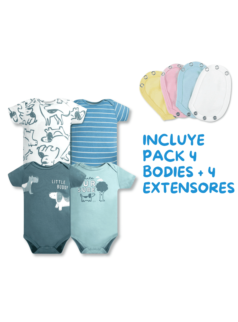 Pack 4 Unidades Extensor Body Bebé +Pack 4 Bodys Algodón Niño Manga Corta Blue Dogs-1