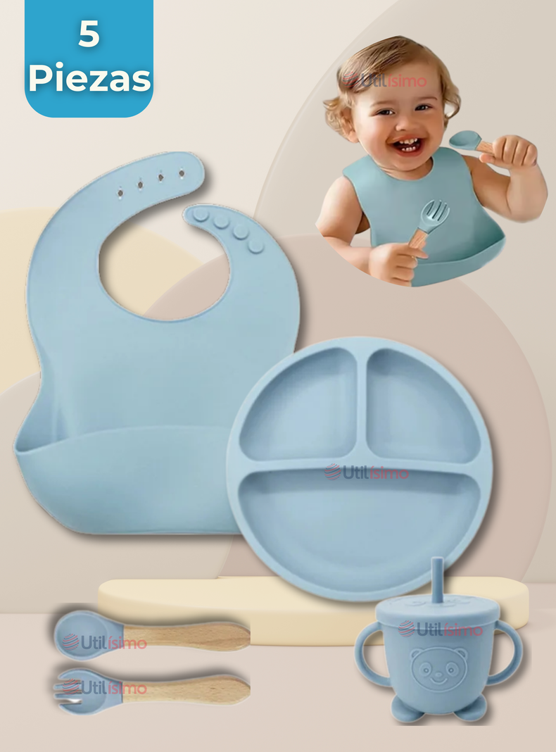 Set De Alimentación Bebé Silicona Con Vaso 5 Piezas Libre BPA Celeste-0