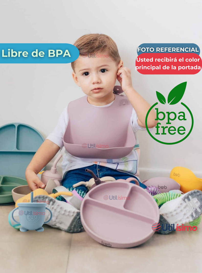 Set De Alimentación Bebé Silicona Con Vaso 5 Piezas Libre BPA Celeste-2