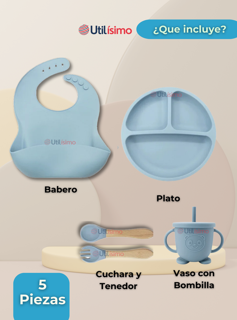 Set De Alimentación Bebé Silicona Con Vaso 5 Piezas Libre BPA Celeste-5