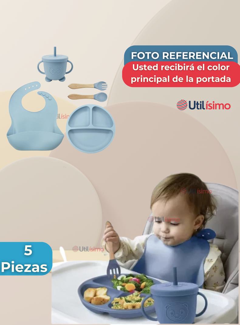 Set De Alimentación Bebé Silicona Con Vaso 5 Piezas Libre BPA Celeste-6