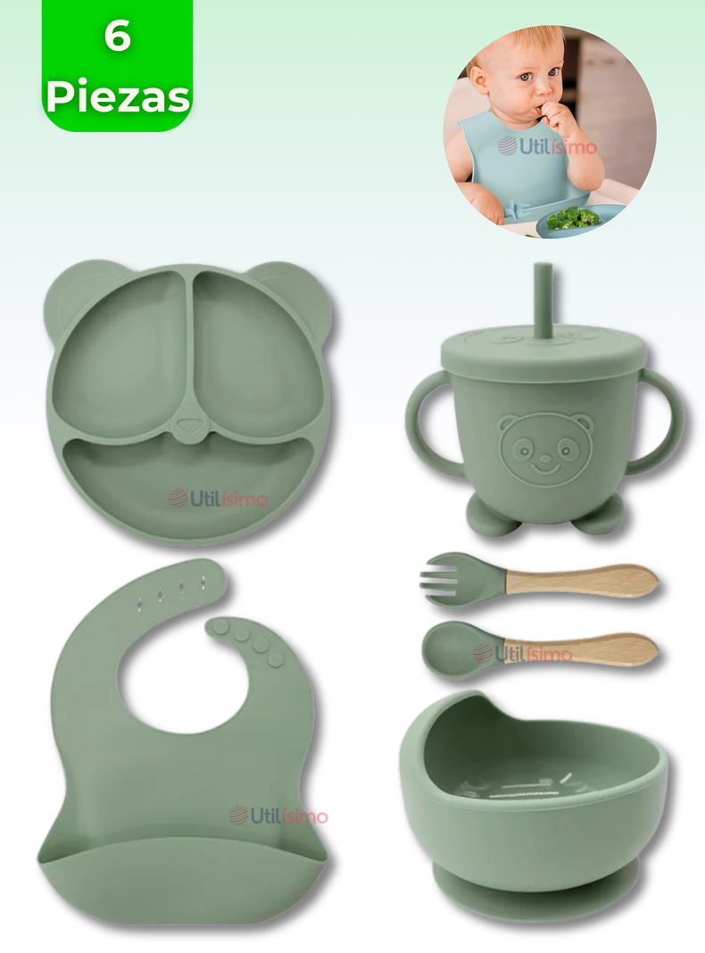 Set De Alimentación Bebé Silicona De Oso 6 Piezas Libre BPA Verde-0