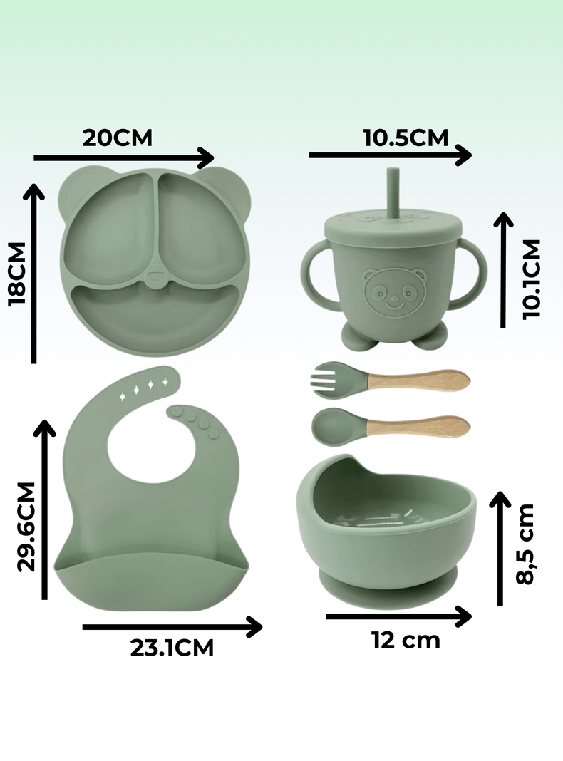 Set De Alimentación Bebé Silicona De Oso 6 Piezas Libre BPA Verde-1