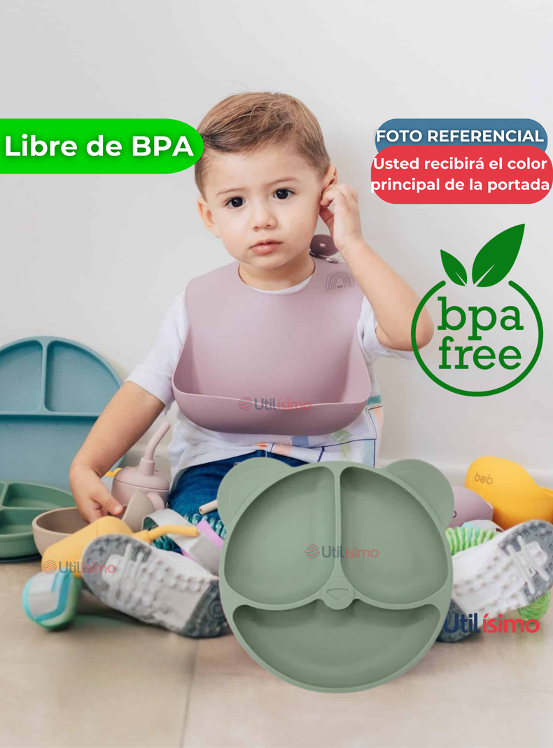 Set De Alimentación Bebé Silicona De Oso 6 Piezas Libre BPA Verde-2