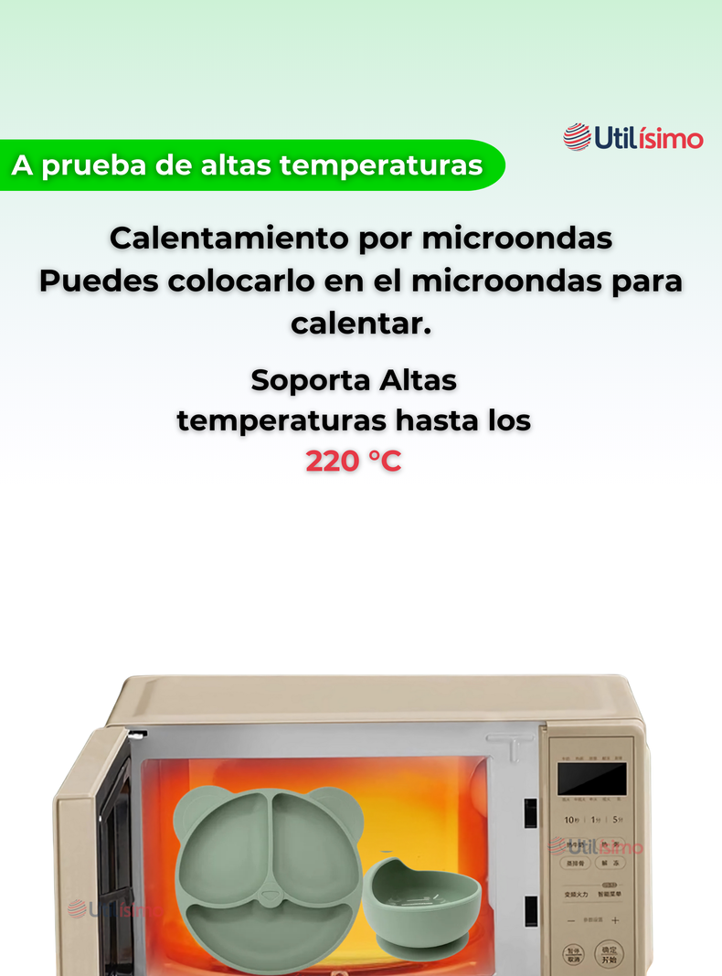 Set De Alimentación Bebé Silicona De Oso 6 Piezas Libre BPA Verde-3