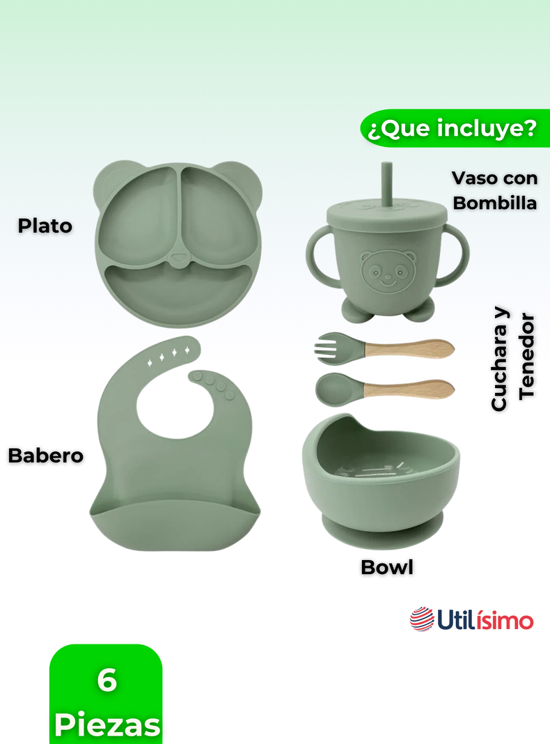 Set De Alimentación Bebé Silicona De Oso 6 Piezas Libre BPA Verde-5