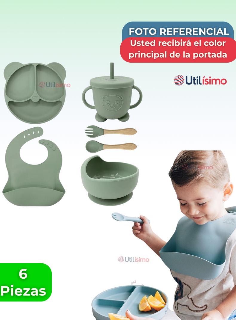 Set De Alimentación Bebé Silicona De Oso 6 Piezas Libre BPA Verde-6