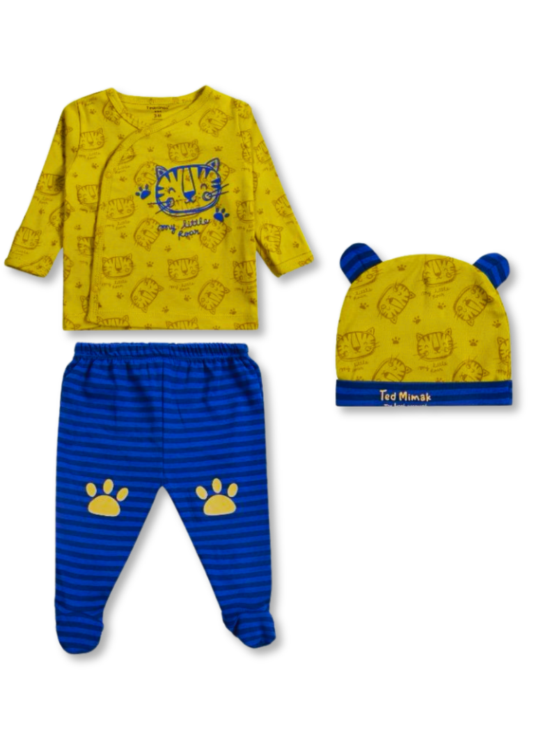Set 3 piezas Conjunto Buzo Polerón Bebé Niño Algodón Ligero Amarillo Gato-0